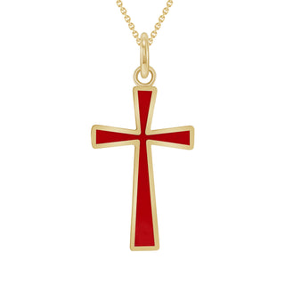 Dainty Cross Pendant Necklace in Solid 14K Gold, Red Enamel (Size Options Available)
