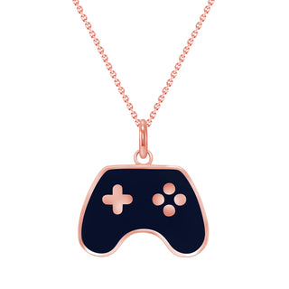 Gaming Controller Pendant Necklace in Solid Gold, Black Enamel