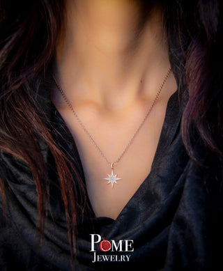 Diamond North Star Pendant Necklace in Solid 14k Gold, Small, White Red or Black Enamel