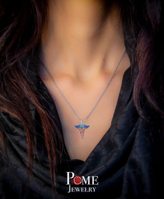 Caduceus Pendant Necklace with Turquoise Stone in Sterling Silver