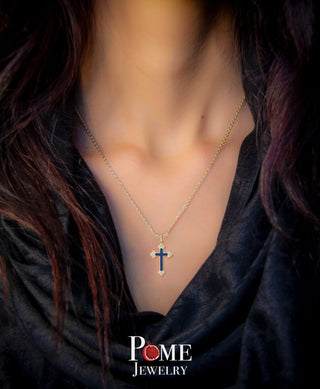 Diamond Cross Pendant Necklace in Solid 14k Gold, Red Enamel, Available in 3 Sizes