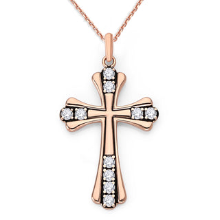 Diamond Studded Cross Pendant Necklace in Solid Gold, Black Enamel