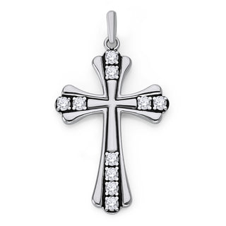 CZ Studded Cross Pendant Necklace in Sterling Silver, Black Enamel