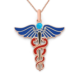 Caduceus Pendant Necklace with Turquoise Stone in Solid Gold