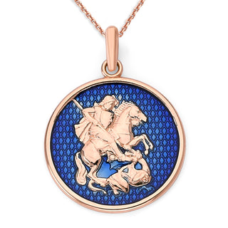 Saint George Coin Pendant Necklace in Solid Gold, Blue Enamel