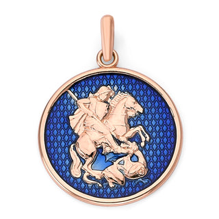 Saint George Coin Pendant Necklace in Solid Gold, Blue Enamel