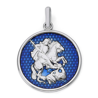 Saint George Coin Pendant Necklace in Sterling Silver, Blue Enamel