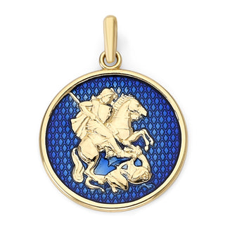 Saint George Coin Pendant Necklace in Solid Gold, Blue Enamel