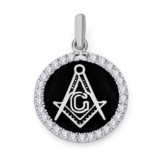 Freemason CZ Pendant Necklace in Sterling Silver, Masonic Square & Compass