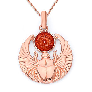 Egyptian Scarab Beetle Pendant Necklace in Solid Gold, Red Enamel