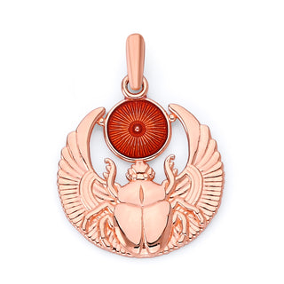 Egyptian Scarab Beetle Pendant Necklace in Solid Gold, Red Enamel