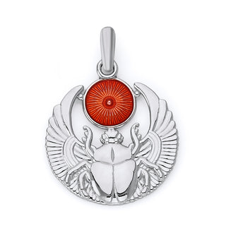 Egyptian Scarab Beetle Pendant Necklace in Sterling Silver, Red Enamel