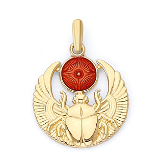 Egyptian Scarab Beetle Pendant Necklace in Solid Gold, Red Enamel