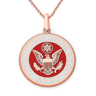 US Army Double Sided Pendant Necklace in Solid Gold with Lord's Prayer on Back, Red & White Enamel