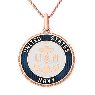 US Navy Double Sided Pendant Necklace in Solid Gold with Lord's Prayer, Blue & White Enamel