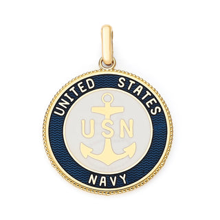 US Navy Double Sided Pendant Necklace in Solid Gold with Lord's Prayer, Blue & White Enamel