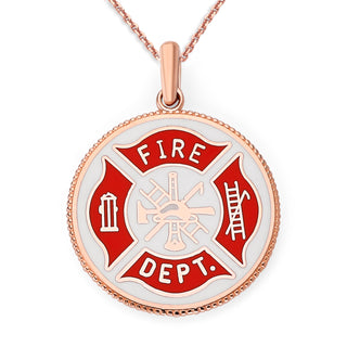 Fire Fighter Double Sided Pendant Necklace in Solid Gold with Lord's Prayer, Red & White Enamel