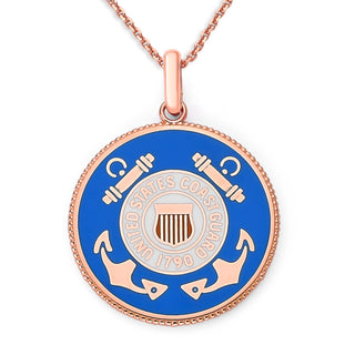 US Coast Guard Double Sided Pendant Necklace in Solid Gold with Lord's Prayer, Red White & Blue Enamel