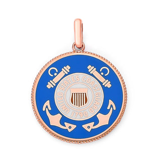 US Coast Guard Double Sided Pendant Necklace in Solid Gold with Lord's Prayer, Red White & Blue Enamel