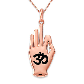 OM Hand Pendant Necklace in Solid Gold, Black Enamel