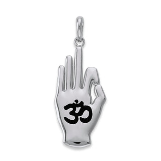 OM Hand Pendant Necklace in Sterling Silver, Black Enamel