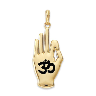 OM Hand Pendant Necklace in Solid Gold, Black Enamel