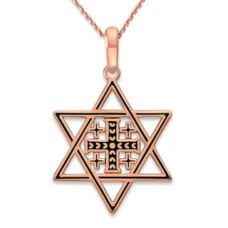 Jerusalem Cross with Jewish Star Pendant Necklace in Solid Gold