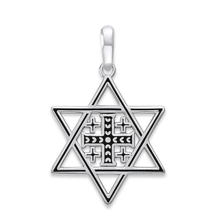 Jerusalem Cross with Jewish Star Pendant Necklace in Sterling Silver