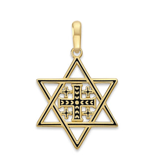 Jerusalem Cross with Jewish Star Pendant Necklace in Solid Gold