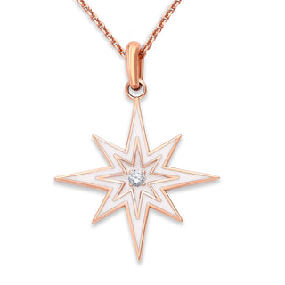 Diamond North Star Pendant Necklace in Solid 14k Gold, Small, White Red or Black Enamel