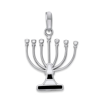 Hanukkah Menorah CZ Pendant Necklace in Sterling Silver, Cubic Zirconia