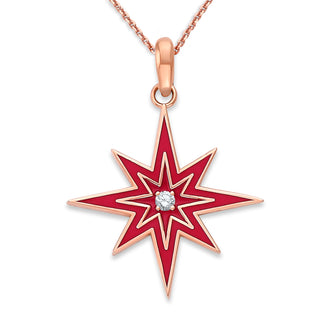 Diamond North Star Pendant Necklace in Solid 14k Gold, Small, White Red or Black Enamel