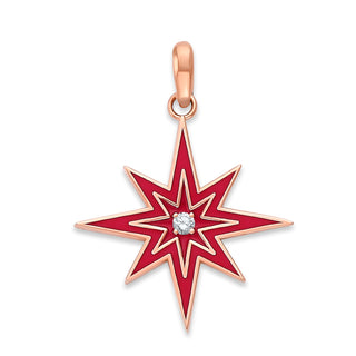 Diamond North Star Pendant Necklace in Solid 14k Gold, Small, White Red or Black Enamel