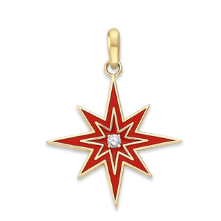 Diamond North Star Pendant Necklace in Solid 14k Gold, Small, White Red or Black Enamel