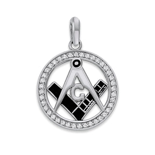 Masonic Square and Compass Diamond Pendant Necklace in Solid Gold, White & Black Enamel