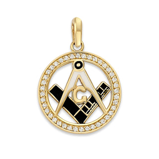 Masonic Square and Compass Diamond Pendant Necklace in Solid Gold, White & Black Enamel