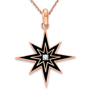 Diamond North Star Pendant Necklace in Solid 14k Gold, Small, White Red or Black Enamel