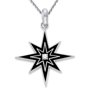 Diamond North Star Pendant Necklace in Solid 14k Gold, Small, White Red or Black Enamel