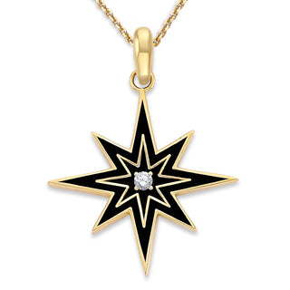 Diamond North Star Pendant Necklace in Solid 14k Gold, Small, White Red or Black Enamel