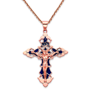 INRI Cross Pendant Necklace in Solid Gold, Blue Enamel