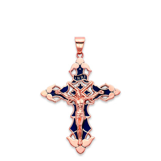 INRI Cross Pendant Necklace in Solid Gold, Blue Enamel