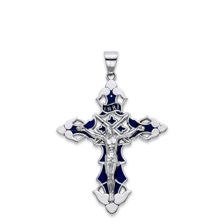 INRI Cross Pendant Necklace in Sterling Silver, Blue Enamel