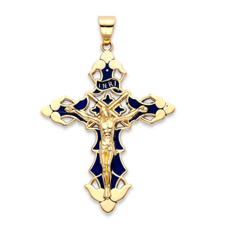 INRI Cross Pendant Necklace in Solid Gold, Blue Enamel