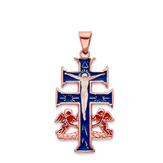 Caravaca Cross with Angels Pendant Necklace in Solid Gold, Blue & Red Enamel