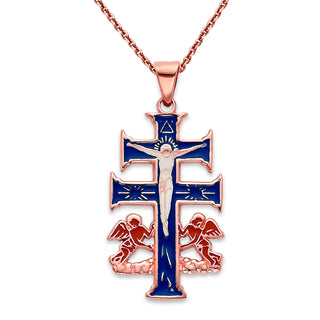 Caravaca Cross with Angels Pendant Necklace in Solid Gold, Blue & Red Enamel