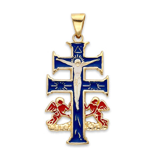 Caravaca Cross with Angels Pendant Necklace in Solid Gold, Blue & Red Enamel