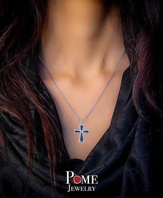 Full Ankh Cross Pendant Necklace in Solid Gold, Blue Enamel