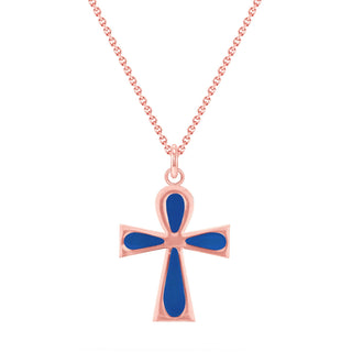 Full Ankh Cross Pendant Necklace in Solid Gold, Blue Enamel