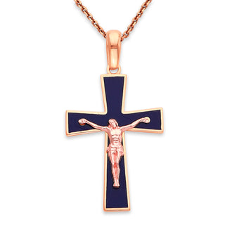 Jesus Cross Pendant Necklace in Solid Gold, Blue Enamel