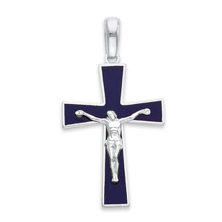 Jesus Cross Pendant Necklace in Solid Gold, Blue Enamel